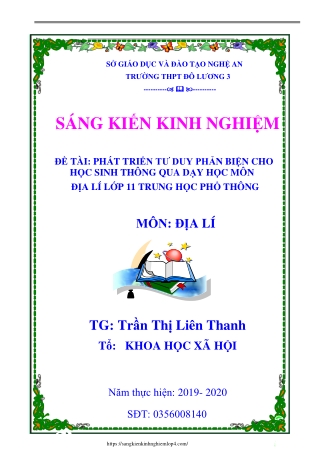 Phát triển tư duy phản biện cho học sinh qua dạy học môn Địa lí Lớp 11