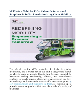 YC Electric Vehicles E-Cart Manufacturers and Suppliers in India- Revolutionizing Clean Mobility