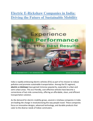 Electric E-Rickshaw Companies in India Driving the Future of Sustainable Mobility