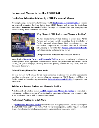 Packers and Movers in Fazilka, 8262850044