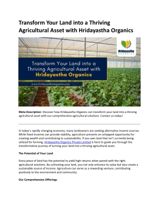 Transform Your Land into a Thriving Agricultural Asset with Hridayastha Organics