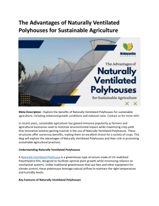 The Advantages of Naturally Ventilated Polyhouses for Sustainable Agriculture