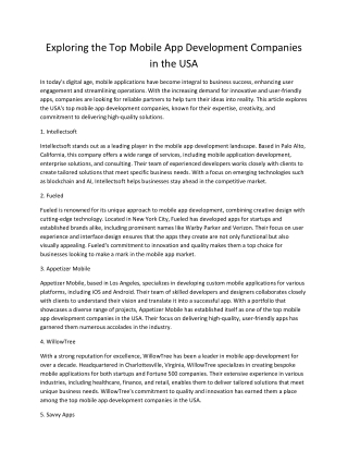 Exploring the Top Mobile App Development Companies in the USA