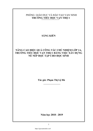Nâng cao hiệu quả công tác chủ nhiệm Lớp 1A bằng việc xây dựng nề nếp học tập