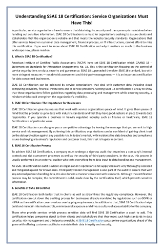 Understanding SSAE 18 Certification: Service Organizations Must Have This