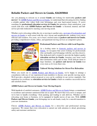 Packers and Movers in Gumla, 8262850010.