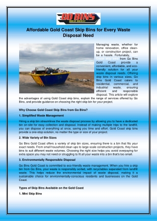 Affordable Gold Coast Skip Bins for Every Waste Disposal Need