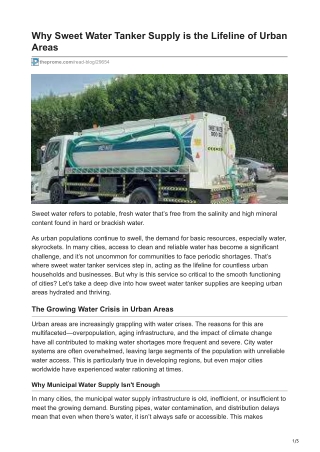 Why Sweet Water Tanker Supply is the Lifeline of Urban Areas