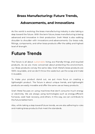 Brass Manufacturing Future Trends, Advancements, and Innovations