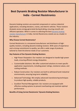 Best Dynamic Braking Resistor Manufacturer in India