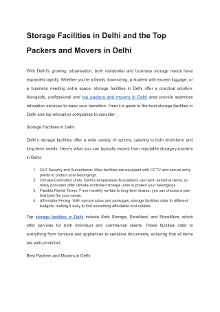 Storage Facilities in Delhi and the Top Packers and Movers in Delhi
