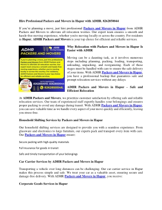 Packers and Movers in Hapur, 8262850010.