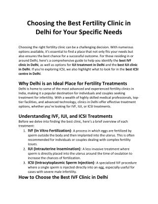 Choosing the Best Fertility Clinic in Delhi for Your Specific Needs
