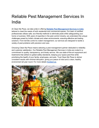 Reliable Pest Management Services In India