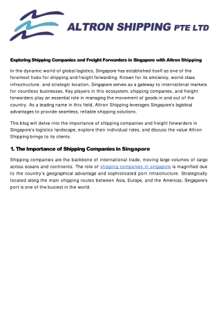 Exploring Shipping Companies and Freight Forwarders in Singapore with Altron Shipping