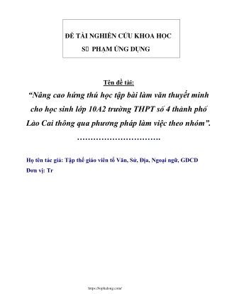 Nâng cao hứng thú học tập bài làm văn thuyết minh cho HS Lớp 10A2 theo nhóm