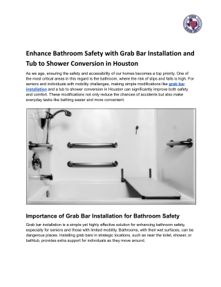Enhance Bathroom Safety with Grab Bar Installation and Tub to Shower Conversion in Houston