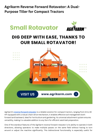 Agrikarm Reverse Forward Rotavator A Dual-Purpose Tiller for Compact Tractors