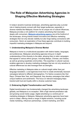 Malaysian Advertising Agencies: Shaping Effective Marketing Strategies