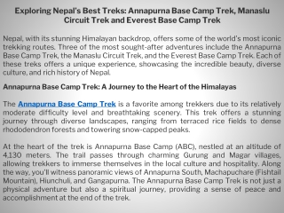 Exploring Nepal’s Best Treks Annapurna Base Camp Trek, Manaslu Circuit Trek and Everest Base Camp Trek