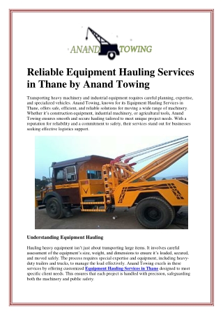 Reliable Equipment Hauling Services in Thane by Anand Towing