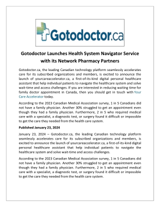 Gotodoctor Launches Health System Navigator Service with its Network Pharmacy Partners