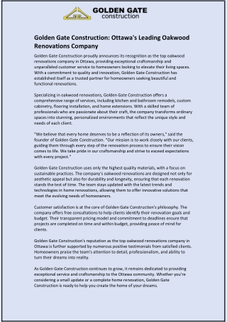 Golden Gate Construction: Ottawa's Leading Oakwood Renovations Company