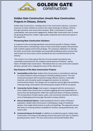 Golden Gate Construction Unveils New Construction Projects in Ottawa, Ontario