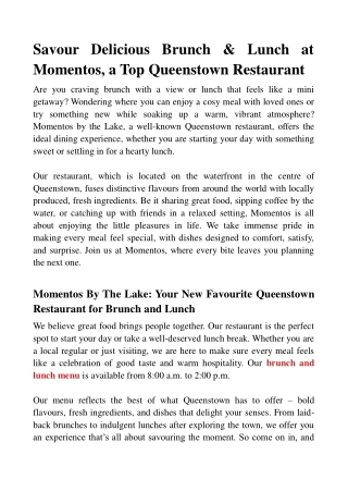 Savour Delicious Brunch & Lunch at Momentos, a Top Queenstown Restaurant