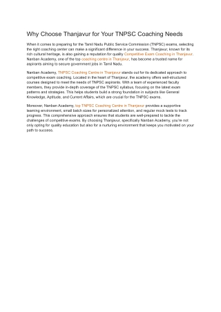 Why Choose Thanjavur for Your TNPSC Coaching Needs