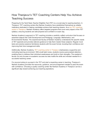 How Thanjavur’s TET Coaching Centers Help You Achieve Teaching Success