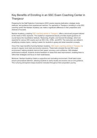 Key Benefits of Enrolling in an SSC Exam Coaching Center in Thanjavur