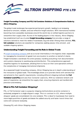 Freight Forwarding Company and FCL Full Container Solutions A Comprehensive Guide by Altron Shipping