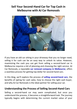 Sell Your Second-Hand Car for Top Cash in Melbourne with AJ Car Removals
