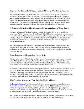 Discover a New Standard of Living at Mahindra Lifespaces Whitefield in Bangalore