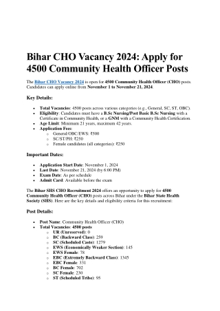 Bihar CHO Vacancy 2024 | 4500 Posts, Apply Now