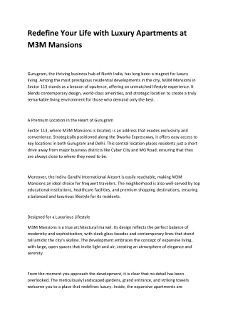 Redefine Your Life with Luxury Apartments at M3M Mansions