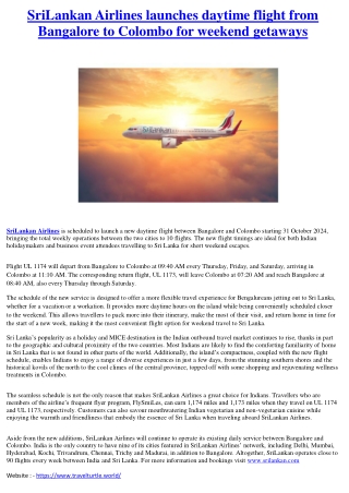 SriLankan Airlines launches daytime flight from Bangalore to Colombo for weekend getaways