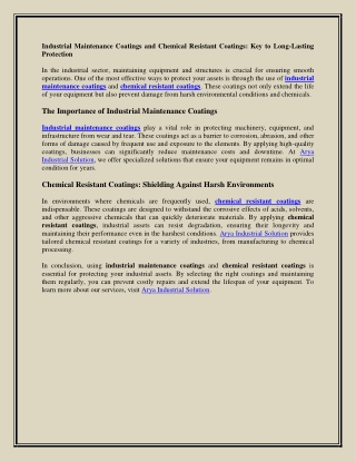 Industrial Maintenance Coatings and Chemical Resistant Coatings
