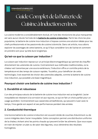 Guide Complet de la Batterie de Cuisine à Induction en Inox