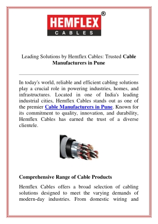 Leading Solutions by Hemflex Cables Trusted Cable Manufacturers in Pune