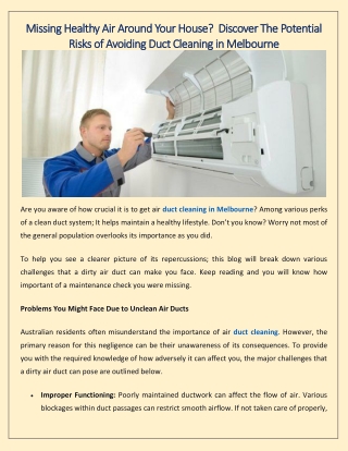 Missing Healthy Air Around Your House  Discover The Potential Risks of Avoiding Duct Cleaning in Melbourne