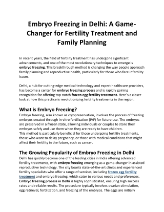 Embryo Freezing in Delhi A Game-Changer for Fertility Treatment and Family Planning