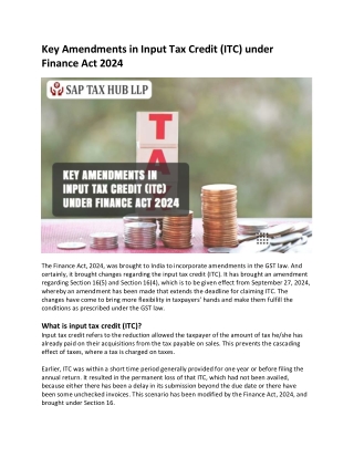 Key Amendments in Input Tax Credit (ITC) under Finance Act 2024