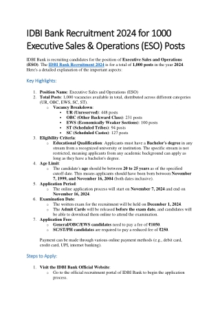 IDBI Bank Recruitment 2024 | 1000 ESO Posts | Check Now