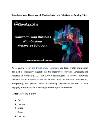 Transform Your Business with Custom Metaverse Solutions by DevelopCoins