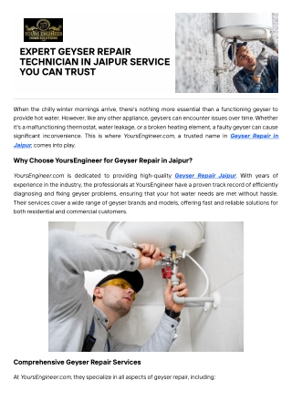 Expert Geyser Repair in Jaipur - Yours Engineer Home Solutions