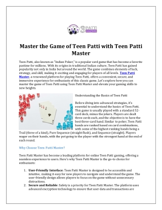 Master the Game of Teen Patti with Teen Patti Master