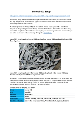 Inconel 601 Scrap Stockists