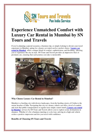 Experience Unmatched Comfort with Luxury Car Rental in Mumbai by SN Tours and Tr